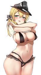 Rule 34 | 1girl, anchor hair ornament, arms up, black panties, blonde hair, blush, breasts, check commentary, chigasaki yukari, clothes lift, unworn clothes, commentary, commentary request, green eyes, hair between eyes, hair ornament, hat, highres, kantai collection, large breasts, long hair, military hat, navel, open mouth, panties, prinz eugen (kancolle), shirt lift, simple background, twintails, underwear, underwear only, white background