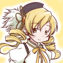 Rule 34 | 10s, 1girl, beret, blonde hair, drill hair, hat, long hair, magical girl, mahou shoujo madoka magica, mahou shoujo madoka magica (anime), official style, sanari (quarter iceshop), smile, solo, tomoe mami, twin drills, twintails, yellow eyes