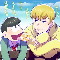 Rule 34 | 10s, 2boys, :p, black hair, blonde hair, blue sky, bridge, candy, cardigan, cloud, cosplay, costume switch, day, dual persona, f6 (osomatsu-san), food, licking, lollipop, looking at another, loose necktie, male focus, matsuno jyushimatsu, multiple boys, necktie, osomatsu-kun, osomatsu-san, show chiku-by, sky, sleeves past wrists, smile, striped necktie, striped neckwear, tongue, tongue out, translated