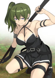 Rule 34 | 1girl, arm strap, bare shoulders, belt, black belt, black dress, black footwear, black gloves, breasts, cleavage, dress, elbow gloves, gloves, green hair, highres, holding, holding polearm, holding weapon, looking at viewer, nakahira guy, polearm, purple eyes, side ponytail, single glove, sleeveless, smile, solo, sousou no frieren, squatting, thigh strap, ubel (sousou no frieren), weapon