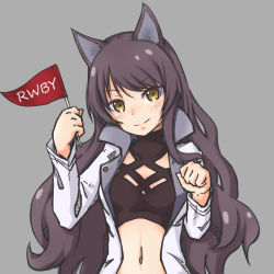 Rule 34 | 1girl, animal ears, black hair, blake belladonna, blush, breasts, cat ears, copyright name, crop top, flag, floating hair, grey background, head tilt, holding, holding flag, jacket, long hair, midriff, navel, open clothes, open jacket, riruhasu (sesu n), rwby, simple background, small breasts, smile, solo, stomach, upper body, very long hair, white jacket, yellow eyes