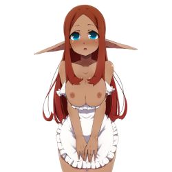 Rule 34 | 1girl, apron, blue eyes, breasts, collarbone, dark elf, elf, large breasts, long hair, looking up, maid-chan (maze), maze (gochama ze gohan), naked apron, nipples, open mouth, pointy ears, red hair, solo, source request, transparent background