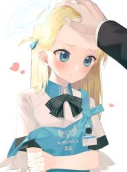 Rule 34 | 1boy, 1girl, apron, black bow, blonde hair, blue apron, blue archive, blue eyes, blush, bow, closed mouth, collared shirt, commentary request, feathered wings, forehead, halo, headpat, heart, highres, kanzi, long hair, long sleeves, mini wings, shirt, short sleeves, sora (blue archive), strap slip, striped, striped bow, upper body, wavy mouth, white shirt, white wings, wings