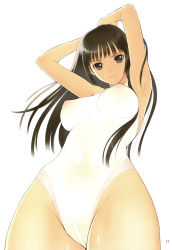 Rule 34 | 1girl, breasts, brown eyes, brown hair, cameltoe, cleft of venus, from below, highres, large breasts, long hair, one-piece swimsuit, solo, swimsuit, tony taka, white background, white one-piece swimsuit