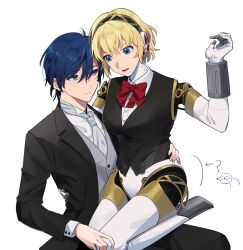Rule 34 | 1boy, 1girl, ?, aegis (persona), alternate costume, android, black hairband, black pants, black suit, black vest, blonde hair, blue eyes, blue hair, bow, bowtie, closed mouth, collared shirt, commentary request, elulit2, formal, gold trim, hairband, hand on another&#039;s hip, korean commentary, long sleeves, looking at another, necktie, pants, persona, persona 3, red bow, red bowtie, robot ears, shirt, simple background, sitting, sitting on lap, sitting on person, sleeveless, smile, suit, vest, white background, white necktie, white shirt, yuuki makoto (persona 3)