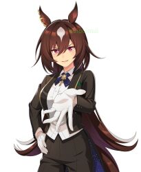 Rule 34 | 1girl, animal ears, artist name, black jacket, black pants, botantouki, breasts, brown hair, collared shirt, cowboy shot, cross tie, gloves, hair between eyes, hand on own hip, highres, horse ears, horse girl, horse tail, jacket, long hair, long sleeves, looking at viewer, medium breasts, open clothes, open jacket, open mouth, outstretched arm, pants, reaching, reaching towards viewer, shirt, simple background, sirius symboli (escorte etoile) (umamusume), sirius symboli (umamusume), smile, solo, tail, umamusume, v-shaped eyebrows, watermark, white background, white gloves, white shirt