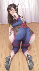 Rule 34 | 1girl, all fours, artist request, ass, bodysuit, boots, breasts, brown eyes, brown hair, cameltoe, d.va (overwatch), facial mark, from behind, headgear, highres, long hair, looking at viewer, looking back, overwatch, overwatch 1, parted lips, skin tight, smile, solo