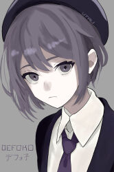 Rule 34 | 1girl, alternate costume, beret, black hat, black jacket, character name, closed mouth, collared shirt, commentary, commentary request, copyright name, english commentary, expressionless, formal, frown, grey background, hat, highres, jacket, looking at viewer, meep (meeppyys), mixed-language commentary, purple eyes, purple hair, shirt, short hair, sidelocks, simple background, solo, suit, translation request, upper body, utane uta, utau, white shirt