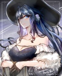 Rule 34 | 1girl, animal ears, arknights, artist name, astesia (arknights), bare shoulders, bird ears, black gloves, black headwear, blue eyes, blue hair, blush, breasts, bright pupils, cleavage, coat, commentary, commission, dress, english commentary, fur coat, gazelle jun, gloves, hair between eyes, hair intakes, half gloves, large breasts, long hair, looking at viewer, solo, thank you, very long hair, white dress, wide brim