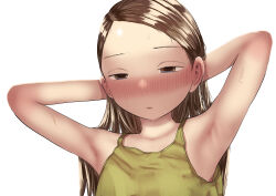 Rule 34 | 1girl, absurdres, armpits, arms up, black hair, blush, child, ear blush, female focus, flat chest, green tank top, half-closed eyes, highres, long hair, looking down, nose blush, original, simple background, solo, sweat, tank top, tearontaron, upper body, white background