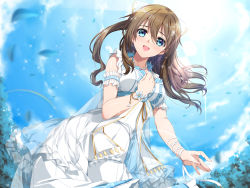 Rule 34 | 1girl, anata no risou no heroine, aqua bow, aqua eyes, arm garter, arm ribbon, artist name, artist request, bare shoulders, blue bow, blue eyes, blue petals, blue sky, blush, bow, bracelet, breasts, brown hair, cleavage, cloud, collarbone, cross-laced clothes, cross-laced dress, day, dress, dress bow, drop earrings, earrings, falling petals, female focus, floating hair, flower, flower bracelet, frilled dress, frills, hair between eyes, hair bow, hair ornament, hairclip, half updo, halter dress, halterneck, hand on own chest, highres, jewelry, long hair, looking at viewer, love live!, love live! nijigasaki high school idol club, love live! school idol festival, miniskirt, necklace, osaka shizuku, outdoors, parted lips, pearl bracelet, pearl hair ornament, pearl necklace, petals, pink flower, pink rose, plaid, plaid dress, plaid skirt, pleated, pleated dress, pleated skirt, ponytail, purple flower, purple rose, ribbon, rose, short sleeves, skirt, sky, small breasts, smile, solo, sparkle, star (symbol), star hair ornament, striped clothes, striped dress, striped skirt, sun, sunlight, vertical-striped clothes, vertical-striped dress, vertical-striped skirt, wavy hair, white bow, white dress, white ribbon, white skirt, wrist ribbon