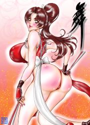 Rule 34 | 1girl, ass, breasts, fatal fury, highres, huge ass, large breasts, looking back, ponytail, shiranui mai, snk, solo, thong