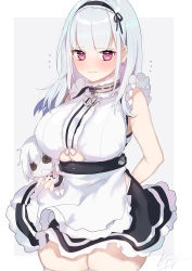 Rule 34 | 1girl, absurdres, apron, azur lane, bare shoulders, black dress, breasts, character doll, choker, clothing cutout, cowboy shot, dido (azur lane), dress, flying sweatdrops, frilled dress, frills, hairband, highres, holding, large breasts, long hair, looking at viewer, maid, maid apron, pink eyes, shirasu uni, signature, sirius (azur lane), sleeveless, sleeveless dress, solo, thighhighs, underboob, underboob cutout, waist apron, white hair, white thighhighs, zettai ryouiki