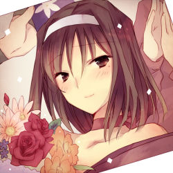 Rule 34 | 00s, 1girl, blush, bouquet, brown eyes, brown hair, choker, clapping, close-up, collarbone, confetti, flower, flower request, hairband, hat, japanese clothes, kanzaki sumire, kimono, leaf, light smile, mole, mole under eye, party hat, red ribbon, ribbon, ribbon choker, rose, sakura taisen, solo focus, wato