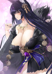 Rule 34 | 1girl, animal ears, azur lane, bare shoulders, black hair, black skirt, blush, breasts, brown eyes, cleavage, cowboy shot, facial mark, fox ears, fur-trimmed kimono, fur trim, highres, huge breasts, japanese clothes, jewelry, kimono, long hair, long sleeves, looking at viewer, magatama, magatama necklace, musashi (azur lane), nail polish, necklace, off shoulder, parted lips, pleated skirt, resolution mismatch, short kimono, skirt, smile, solo, source larger, thighs, wide sleeves, won (az hybrid)