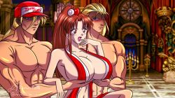 Rule 34 | 1girl, 2boys, andy bogard, aphrodite (shuumatsu no valkyrie), baseball cap, blonde hair, blue eyes, blush, grabbing another&#039;s breast, breasts, brothers, brown eyes, brown hair, cleavage, fatal fury, grabbing, hat, huge breasts, long hair, matching hair/eyes, meme, multiple boys, muscular, navel, ninja, parody, ponytail, revealing clothes, servants holding aphrodite&#039;s breasts (meme), shiranui mai, shuumatsu no valkyrie, siblings, sideboob, snk, tanzong830, terry bogard, the king of fighters