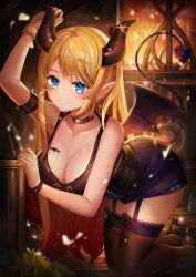 Rule 34 | 1girl, absurdres, arm up, black choker, black horns, black skirt, black tank top, black thighhighs, blonde hair, blue eyes, breast tattoo, breasts, choker, demon horns, demon tail, demon wings, garter straps, highres, hololive, horn ornament, horn ring, horns, kneeling, lace, lace-trimmed legwear, lace-trimmed skirt, lace-trimmed thighhighs, lace trim, large breasts, long hair, looking at viewer, pointy ears, single sidelock, skirt, smile, solo, swept bangs, tail, tank top, tattoo, thighhighs, virtual youtuber, winged heart, wings, yuzuki choco, zettai ryouiki, ziteng yue