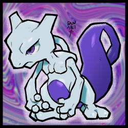 abstract_background af_(afloatisland) closed_mouth creatures_(company) full_body game_freak gen_1_pokemon highres legendary_pokemon mewtwo nintendo no_humans nostrils pokemon pokemon_(creature) purple_background purple_eyes signature solo