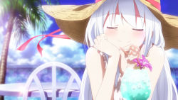 1girl ^_^ anime_coloring blue_sky closed_eyes cloud cocktail day drink drinking_straw evandragon female_focus flower hairband hat himouto!_umaru-chan kantai_collection long_hair outdoors parody shoukaku_(kancolle) sky smile solo style_parody sun_hat upper_body white_hair