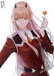 Rule 34 | 1girl, belt, blunt bangs, candy, character name, darling in the franxx, floating hair, food, green eyes, hairband, hi (ibisf5umauma), holding, holding candy, holding food, holding lollipop, horns, jacket, lollipop, long hair, looking to the side, military, military jacket, military uniform, necktie, orange necktie, pink hair, red jacket, short necktie, simple background, solo, twitter username, uniform, very long hair, white background, white hairband, zero two (darling in the franxx)