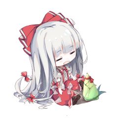 Rule 34 | 1girl, = =, absurdres, black footwear, bow, chibi, closed eyes, coria, fujiwara no mokou, grey shirt, hair bow, highres, long hair, ofuda, open mouth, pants, puffy short sleeves, puffy sleeves, red bow, red pants, shirt, shoes, short sleeves, silver hair, sitting, solo, suspenders, touhou, transparent background, very long hair