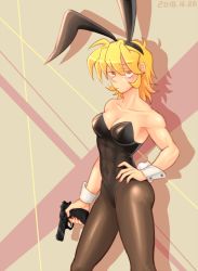 Rule 34 | 1girl, animal ears, bad id, bad pixiv id, bare shoulders, black pantyhose, blonde hair, breasts, cleavage, closed mouth, covered navel, cowboy shot, dated, fake animal ears, fake tail, frown, glaring, gun, half-closed eyes, hand on own hip, handgun, holding, holding gun, holding weapon, kasamoto eri, leotard, medium breasts, metal slug, muscular, muscular female, nail polish, pantyhose, playboy bunny, rabbit tail, raised eyebrow, red nails, sasisage, shadow, short hair, solo, standing, strapless, strapless leotard, tail, weapon, weapon request, wrist cuffs, yellow eyes