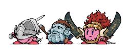 Rule 34 | bloody wolf (elden ring), bloody wolf (elden ring) (cosplay), blue eyes, closed mouth, copy ability, cosplay, crossover, dual wielding, elden ring, frown, fusion, helmet, heybinsu, highres, holding, holding staff, holding sword, holding weapon, kirby, kirby (series), nintendo, no humans, raya lucaria sorcerer, raya lucaria sorcerer (cosplay), simple background, staff, starscourge radahn, starscourge radahn (cosplay), sword, tarnished (elden ring), tarnished (elden ring) (cosplay), weapon, white background