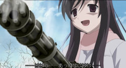 Rule 34 | 00s, 1girl, gatling gun, gun, katsura kotonoha, minigun, school days, solo, weapon