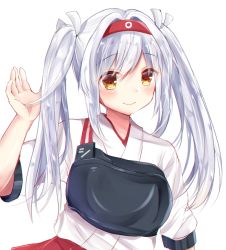 Rule 34 | 10s, 1girl, alternate hairstyle, bad id, bad pixiv id, hair between eyes, kantai collection, masayo (gin no ame), muneate, shoukaku (kancolle), solo, twintails, white background, white hair, yellow eyes