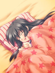Rule 34 | 00s, 1girl, :d, ^ ^, bed, bed sheet, blanket, clannad, closed eyes, from above, ibuki fuuko, on bed, open mouth, original, pillow, pilot suit, satomi yoshitaka, sleeping, smile, solo, star (symbol), star print