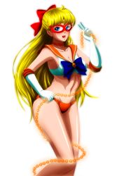 Rule 34 | 1girl, aino minako, bare shoulders, bishoujo senshi sailor moon, blonde hair, blue eyes, bow, bra, breasts, cameltoe, chain, choker, cleavage, collarbone, cowboy shot, earrings, elbow gloves, gloves, grimbyslayer, groin, hair bow, half updo, headphones, highres, jewelry, long hair, looking at viewer, magical girl, mask, medium breasts, navel, panties, red bow, sailor collar, sailor moon narikiri bra set, sailor venus, simple background, skirt, solo, standing, stomach, tiara, transparent background, underwear, underwear only, v, white background, white gloves