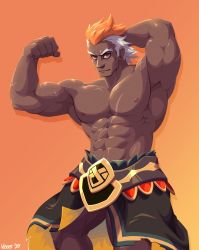 Rule 34 | 1boy, abs, armpits, bara, bare pectorals, biceps, dark-skinned male, dark skin, feet out of frame, fire emblem, flexing, helbindi (fire emblem), highres, horns, large pectorals, looking at viewer, male focus, multicolored hair, muscular, muscular male, navel, nintendo, nipples, orange hair, pectorals, scar, scar on chest, short hair, sideburns, single horn, solo, stomach, thighs, two-tone hair, very dark skin, voviat, white hair, wrinkled skin