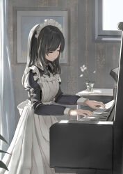 Rule 34 | 1girl, absurdres, apron, black dress, black hair, closed eyes, closed mouth, collared dress, commentary request, curtains, day, dress, flower, frilled apron, frills, highres, indoors, instrument, juliet sleeves, light smile, long hair, long sleeves, maid, maid apron, maid headdress, music, original, piano, playing instrument, puffy sleeves, shii (kairi-t-k0317), solo, sunlight, white apron, white flower, window