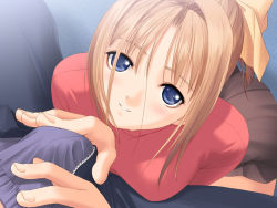 Rule 34 | 00s, 1girl, after (game), blonde hair, blue eyes, blush, bow, brown hair, bulge, close-up, dutch angle, erection, erection under clothes, from above, game cg, hair bow, handjob, handjob over clothes, happy, looking up, penis, ponytail, pov, shiomiya kanami, skirt, smile, solo focus, tony taka, unzipped