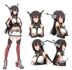 Rule 34 | 10s, 1girl, anger vein, angry, bare shoulders, black hair, blush, breasts, crossed arms, expressions, full body, garter straps, gloves, hair between eyes, hands on own hips, headgear, high heels, kantai collection, kyara36, long hair, looking at viewer, midriff, miniskirt, nagato (kancolle), pleated skirt, red eyes, shirt, skirt, sleeveless, sleeveless shirt, smile, solo, standing, thighhighs, upper body, white skirt, wide-eyed