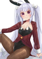 Rule 34 | 1girl, absurdres, ahoge, animal ears, arm on knee, assault lily, black leotard, black nails, blunt bangs, blush, bow, breasts, brown pantyhose, buttons, cleavage, closed mouth, collarbone, commentary request, cowboy shot, fake animal ears, fingernails, grey hair, hair bow, hand up, highres, jacket, knee up, leotard, light smile, long hair, long sleeves, looking at viewer, medium breasts, miriam hildegard von gropius, nail polish, pantyhose, playboy bunny, purple eyes, rabbit ears, red jacket, shadow, simple background, sitting, solo, strapless, strapless leotard, twintails, very long hair, white background, white bow, yozakurayuyu