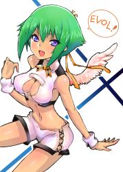 Rule 34 | 1girl, absurdres, aquarion (series), aquarion evol, bare arms, bare shoulders, blush, breasts, cleavage, cleavage cutout, clothing cutout, dakusuta, green hair, hair ribbon, highres, medium breasts, midriff, navel, open mouth, purple eyes, revealing clothes, ribbon, short hair, short shorts, shorts, sidelocks, smile, solo, speech bubble, white shorts, white wings, wings, wrist cuffs, zessica wong