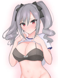 Rule 34 | 1girl, absurdres, argule0901, black bra, blush, bottomless, bow, bow bra, bra, breasts, cleavage, closed mouth, clothes lift, covered erect nipples, drill hair, frown, gym shirt, hair ribbon, highres, idolmaster, idolmaster cinderella girls, kanzaki ranko, lifted by self, long hair, looking at viewer, medium breasts, navel, partially undressed, red eyes, ribbon, shirt, shirt lift, silver hair, simple background, solo, t-shirt, tsurime, twin drills, twintails, underwear, upper body