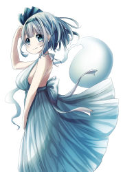 Rule 34 | 1girl, alternate costume, aqua eyes, backless dress, backless outfit, blush, breasts, commentary request, cowboy shot, dress, from side, hair blowing, hair ribbon, halter dress, halterneck, hand on own head, hand on own thigh, head tilt, highres, konpaku youmu, konpaku youmu (ghost), large breasts, looking at viewer, pegashi, ribbon, short hair, silver hair, simple background, smile, solo, standing, touhou, white background, wind, wind lift