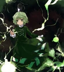Rule 34 | 1girl, absurdres, black headwear, closed mouth, commentary request, dress, flat chest, frilled sleeves, frills, ghost tail, green dress, green eyes, green hair, hand up, hat, highres, kaigen 1025, lightning, long sleeves, ofuda, ofuda on clothes, short hair, soga no tojiko, tate eboshi, touhou