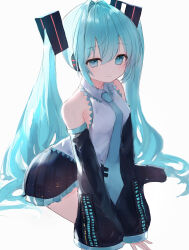 Rule 34 | 1girl, absurdres, bare shoulders, black footwear, black skirt, black sleeves, blue eyes, blue hair, blue necktie, boots, breasts, closed mouth, collared shirt, commentary request, detached sleeves, grey shirt, hair between eyes, hatsune miku, highres, long hair, long sleeves, looking at viewer, necktie, pleated skirt, poono, puffy long sleeves, puffy sleeves, shirt, simple background, sitting, skirt, sleeveless, sleeveless shirt, sleeves past wrists, small breasts, solo, tie clip, twintails, very long hair, vocaloid, white background, yokozuwari