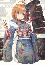 Rule 34 | 1girl, blue eyes, hair ornament, highres, japanese clothes, kimono, long hair, looking at viewer, orange hair, pecorine (princess connect!), princess connect!, smile, the olphy