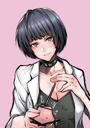 Rule 34 | 10s, 1girl, absurdres, bar censor, black dress, black hair, blunt bangs, blush, breasts, brown eyes, censored, cleavage, closed mouth, coat, collar, collarbone, dress, food, gggg, highres, jewelry, lab coat, large breasts, looking at viewer, necklace, open clothes, open coat, penis, persona, persona 5, pocky, short hair, smile, solo focus, sounding, takemi tae, upper body, urethral insertion