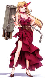 Rule 34 | 1girl, alternate costume, blonde hair, breasts, chain, cleavage, cropped, cuffs, dress, frilled dress, frills, full body, hand on own hip, high heels, highres, horns, hoshiguma yuugi, large breasts, layered dress, long hair, looking at viewer, monety, red dress, red eyes, ribbon, rocket launcher, scan, scan artifacts, shadow, simple background, single horn, sleeveless, smirk, solo, standing, star (symbol), touhou, weapon, white background