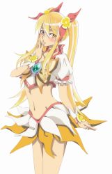 Rule 34 | 1boy, bishounen, blonde hair, bow, brooch, cosplay, cure sunshine, cure sunshine (cosplay), hand on own face, heart, heart brooch, heartcatch precure!, jewelry, long hair, magical girl, male focus, midriff, myoudouin itsuki, myoudouin satsuki, navel, orange bow, orange skirt, precure, skirt, solo, touryou, trap, twintails, white background, yellow bow, yellow eyes