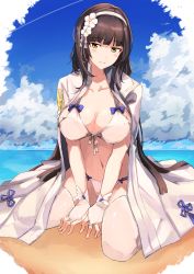 Rule 34 | 1girl, absurdres, bad id, bad pixiv id, beach, bikini, black hair, blue sky, blunt bangs, blush, breasts, cleavage, closed mouth, day, flower, girls&#039; frontline, hair flower, hair ornament, hairband, highres, jacket, jacket on shoulders, large breasts, long hair, looking at viewer, navel, official alternate costume, open clothes, open jacket, outdoors, sh22, shore, sky, smile, solo, swimsuit, thighs, type 95 (girls&#039; frontline), type 95 (summer cicada) (girls&#039; frontline), white bikini, white hairband, white jacket, yellow eyes