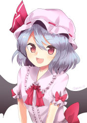 Rule 34 | 1girl, :d, bat wings, blue hair, bow, fang, frilled shirt, frills, hair between eyes, hat, hat ribbon, looking at viewer, minomushi (mino kkgt), mob cap, open mouth, pink hat, pink shirt, puffy short sleeves, puffy sleeves, red bow, red eyes, red ribbon, remilia scarlet, ribbon, ribbon-trimmed headwear, ribbon trim, shirt, short hair, short sleeves, simple background, smile, solo, touhou, twitter username, upper body, white background, wings