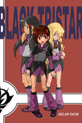 Rule 34 | 00s, 3girls, belt, black tri-stars, blonde hair, blue eyes, boots, brown eyes, brown hair, buttons, dom (mobile suit), full body, gundam, gundam seed, gundam seed destiny, hand on own chin, knee boots, long hair, long sleeves, mecha musume, mobile suit gundam, multiple girls, nier (l215), profile, purple footwear, red background, short hair, shorts, sidelocks, simple background, standing, text focus