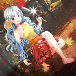 Rule 34 | 1girl, :d, autumn leaves, bare shoulders, barefoot, blue sleeves, breasts, dress, full body, highres, holding, holding knife, knife, kyabekko, leaf, long hair, looking at viewer, maple leaf, multicolored clothes, multicolored dress, open mouth, orange dress, orange eyes, outdoors, sakata nemuno, single strap, smile, solo, toes, touhou, tree, wavy hair, yellow dress