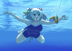 Rule 34 | 1girl, asphyxiation, blue one-piece swimsuit, breasts, brown eyes, clothing cutout, competition school swimsuit, drowning, ear covers, grey hair, hishi miracle (umamusume), horse girl, large breasts, medium hair, nevermind, nirvana (band), one-piece swimsuit, pool, school swimsuit, solo, swimming, swimsuit, tail, tail through clothes, tracen swimsuit, umamusume, underwater